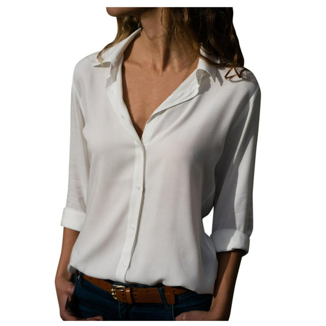Hiiyo Chemise de Travail pour Femmes Boutonnée Décontractée Unie Basique à Manches Longues, Tailles P
