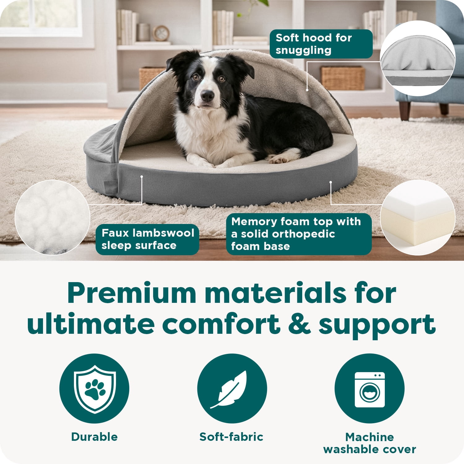 FurHaven Round Orthopedic Dog Bed for Medium Dogs, Memory-Top Foam with a Solid Orthopedic Foam Base, Attached Blanket Hood and Washable Cover, Medium, Faux lambswool & Suede Snuggery, Gray