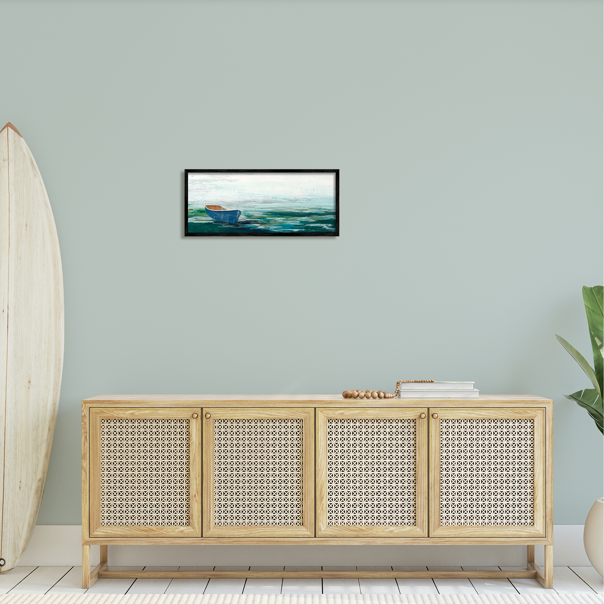 Stupell Industries Lone Dinghy Boat Floating Ocean Water Collage Painting Black Framed Art Print Wall Art, Design by Stacy Gresell