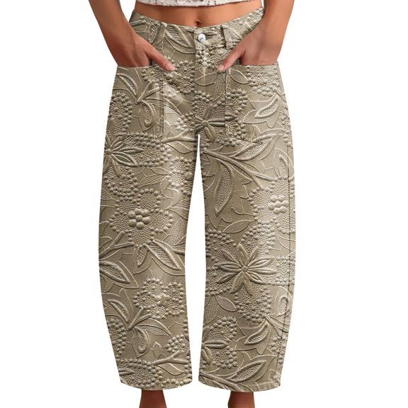 kaondbfi Women's Print Cropped Pants High Waist Button Fly Casual Loose () Fabric Baggy Trousers with Pockets for Summer