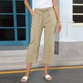 thumbnail image 2 of Kvture Linen Capri Pants for Women Casual Summer Elastic Waist Straight Leg Crop Pants Drawstring Beach Trousers with Pockets Khaki XL, 2 of 5