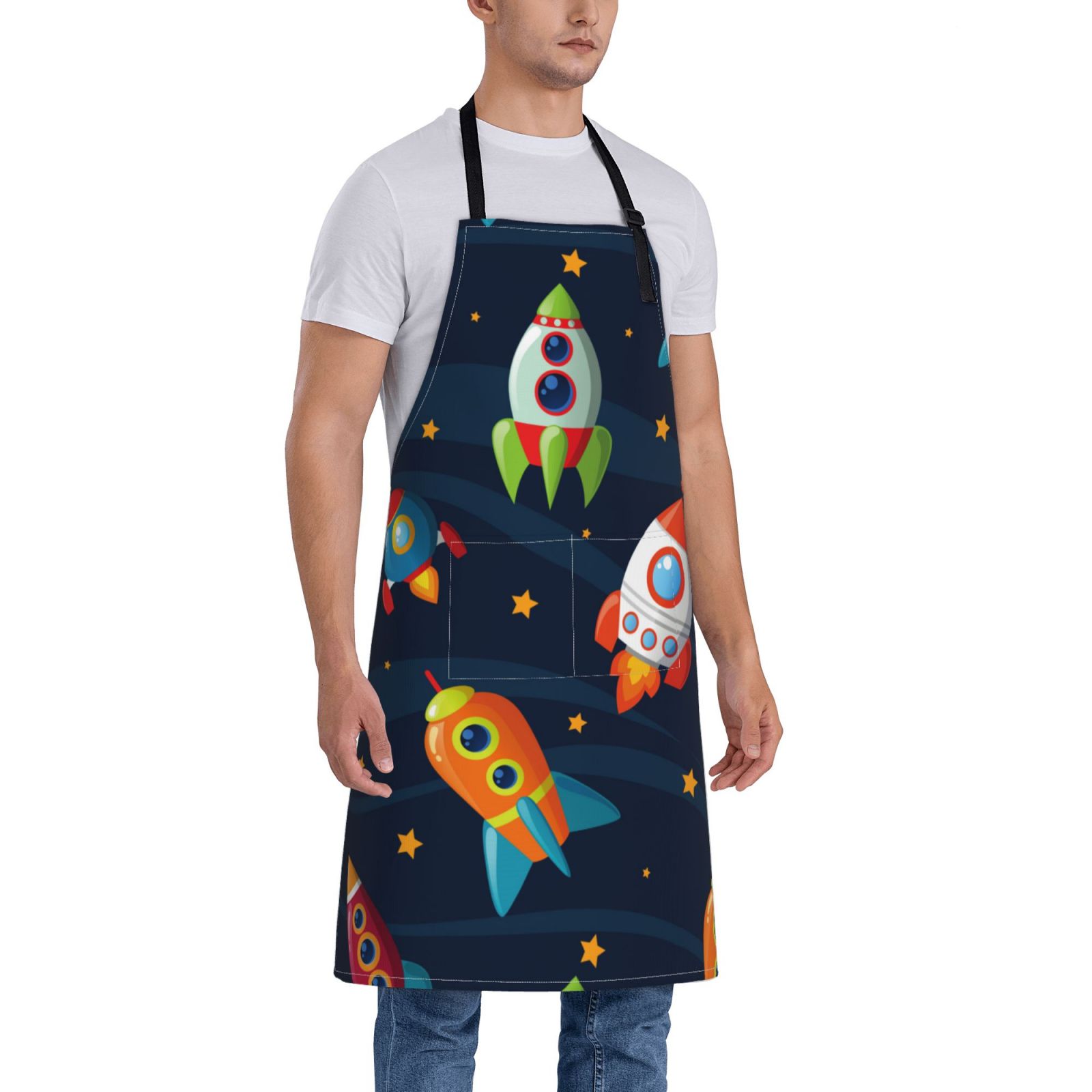 Kdxio Spaceships and Stars Apron with Pockets Adjustable Kitchen Aprons for Men Women Waterproof Aprons for Cooking,Drawing,Crafting, Baking Household Cleaning