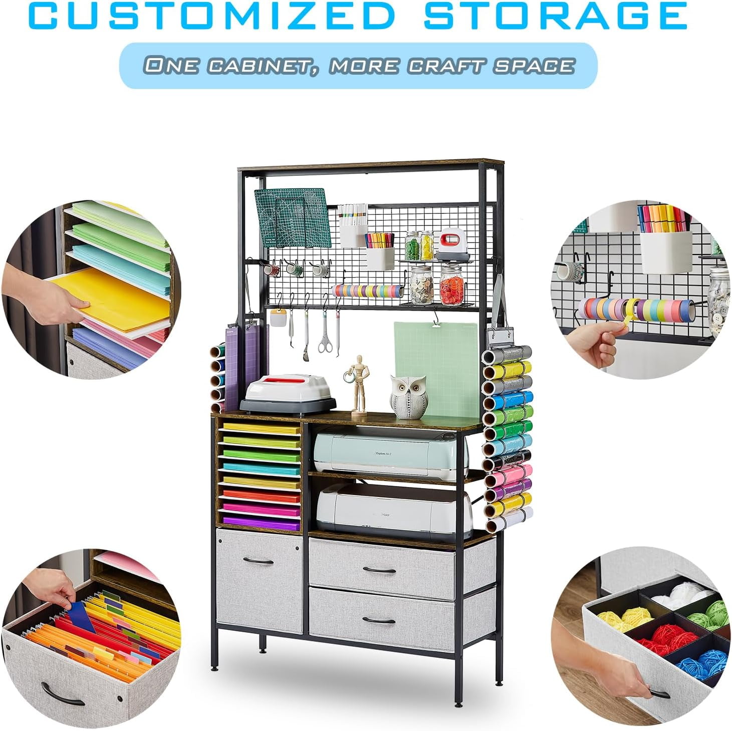Craft Storage Cabinet Compatible with Cricut Maker 4 & Explore 5, Craft Organizer Desk with Storage for Adults, Vinyl Organization Solutions Table, Art Room Furniture, Accessories Station