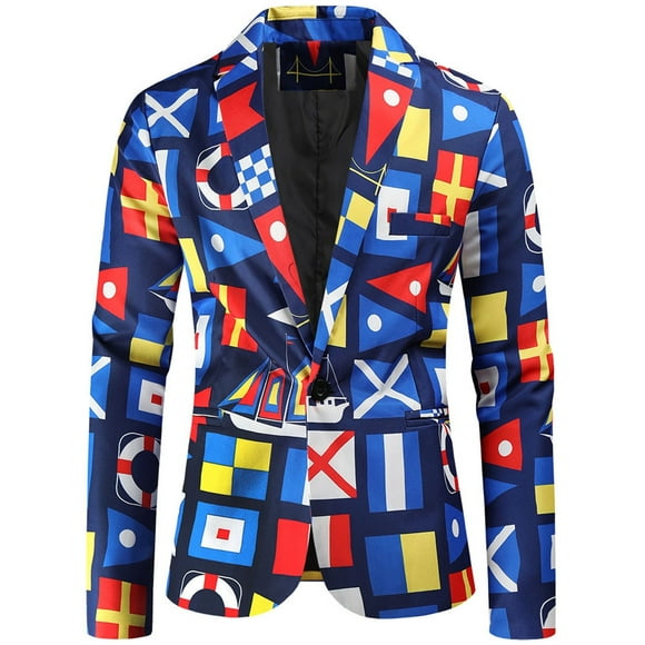 Virmaxy Men's Printed Suit Single One Button Back Slit Long Sleeved Suit Collar Dress Performance Dress Casual Suit Jacket Blazer