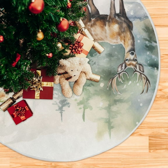 Christmas Trees Deer Snow Christmas Tree Skirt 48 Inch Winter Xmas Tree Mat for Home Party Holiday Decorations