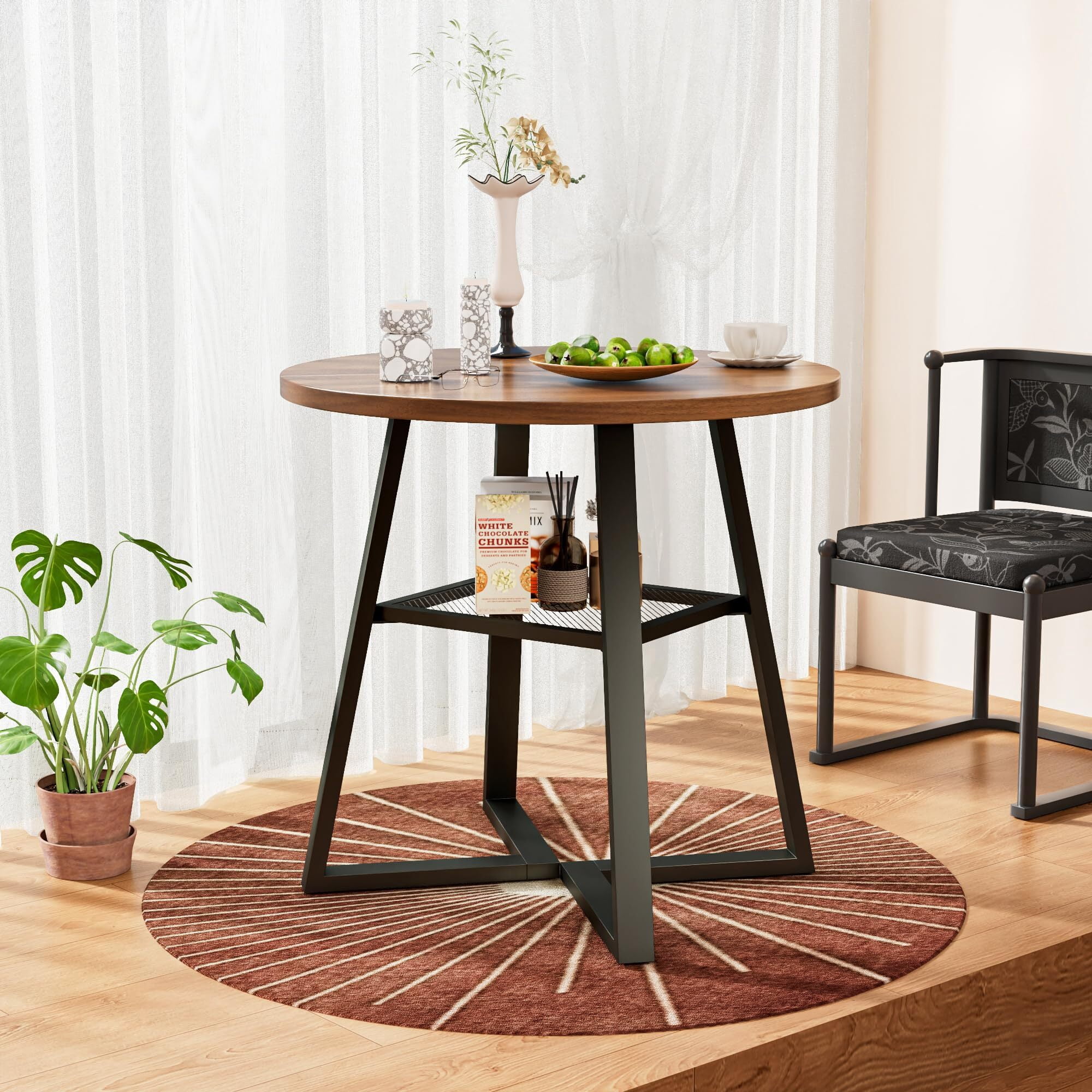 31.5 in Small Round Dining Table for 2–4, Space Saving Kitchen Table with Storage, Mid Century Modern Metal Legs, Walnut