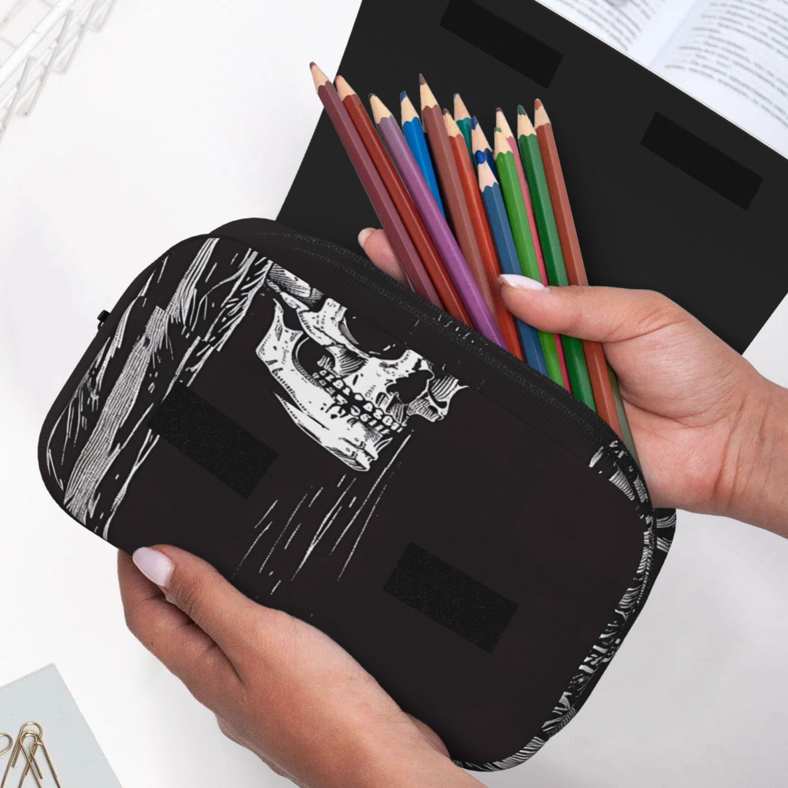 Rateoe Gothic Skull Drape Pattern Double Clamshell Pen Case, Storage Organizer with Two Zipper Compartments– Holds Up to 50 Pencils & Pens
