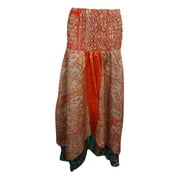 Mogul Womens Tube Dress Vintage Silk Sari Orange Printed Two Layered Maxi Skirt