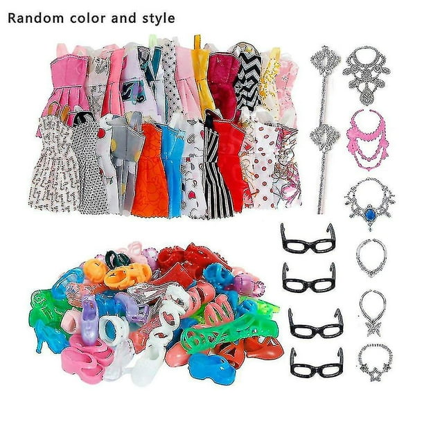 32 artículos/juego de accesorios para muñecas = 10 Uds. Ropa para muñecas, vestido + 4 gafas + 6 collares de plástico + 2 bolsos + 10 pares de zapatos para muñecas