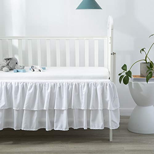 White Ruffled Crib Bed Skirt Double Layer Nursery Toddler Dust Ruffle Bedding Skirt 14" Deep Drop