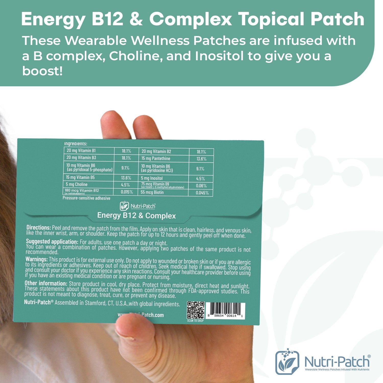 NUTRI-PATCH Energy B12 & B-Complex Skin Patches | Sustained Release Vitamins with Biotin, Choline, Inositol (30 Count)