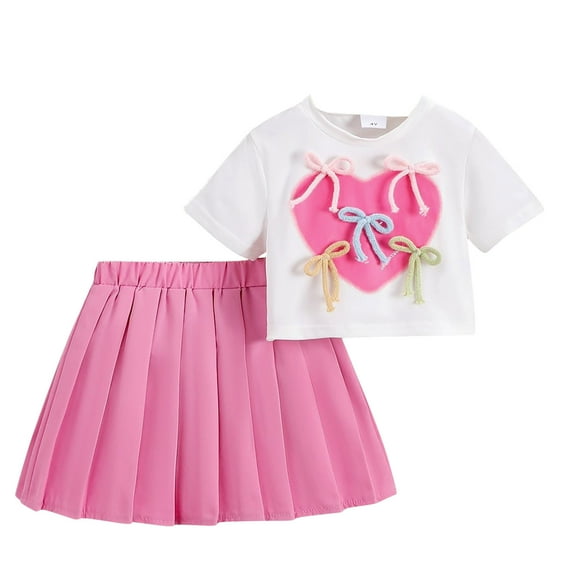 Fesfesfes 4-8 Years Girls' Fashion Sweet Round Neck Bow Love T-Shirt Top Cute Print Skirt Set Casual Summer(Pink,6-7 Years)