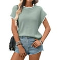 thumbnail image 3 of Women'S Ribbed Sweater Crew Neck Short Sleeve Loose Fit Knit Pullover Tops Bean Green S, 3 of 9
