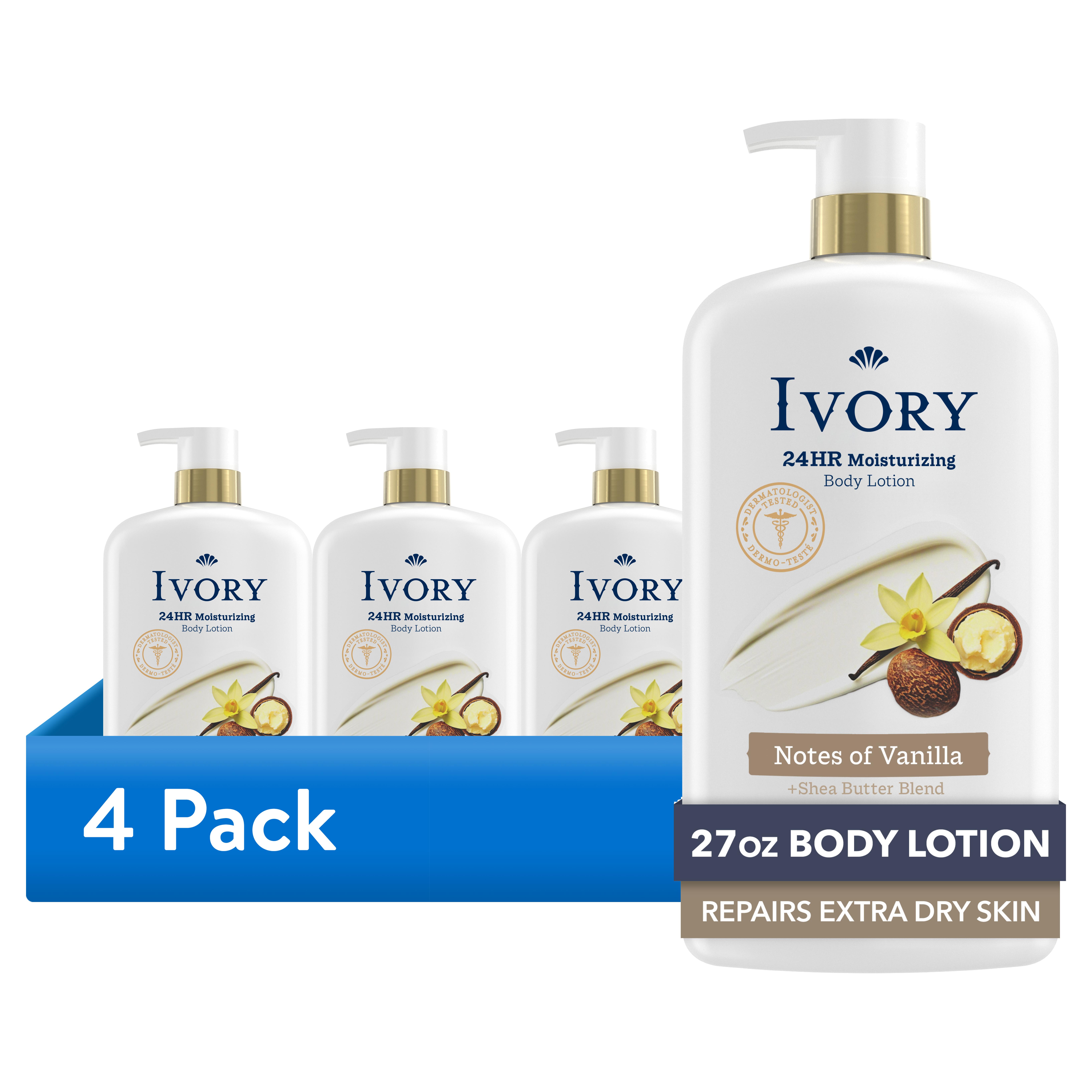 Ivory Body Lotion, 24hr Moisturizing, Shea Butter Blend, 27 oz (4-Pack)