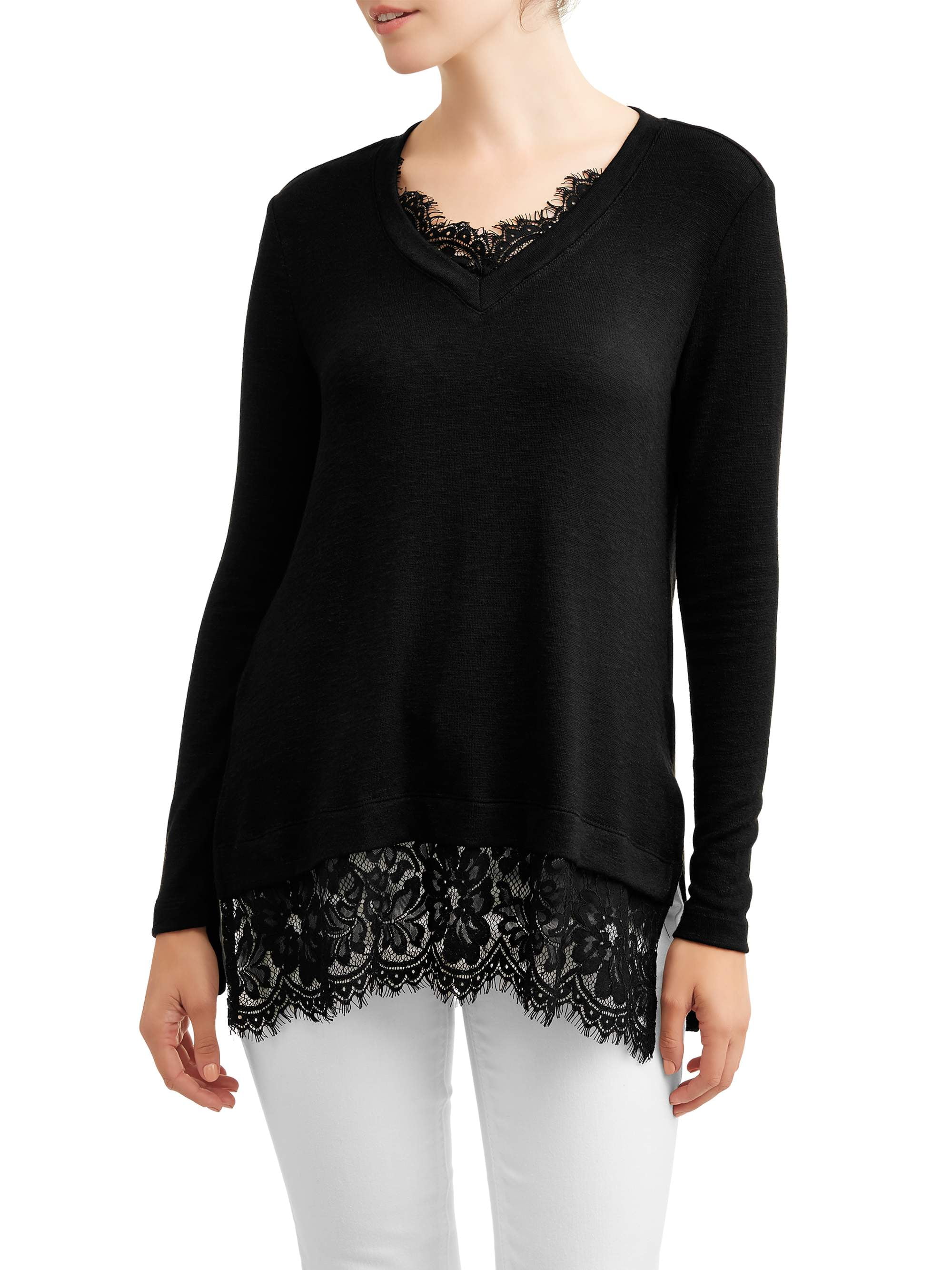 Women's Lace Trim Sweater - Walmart.com