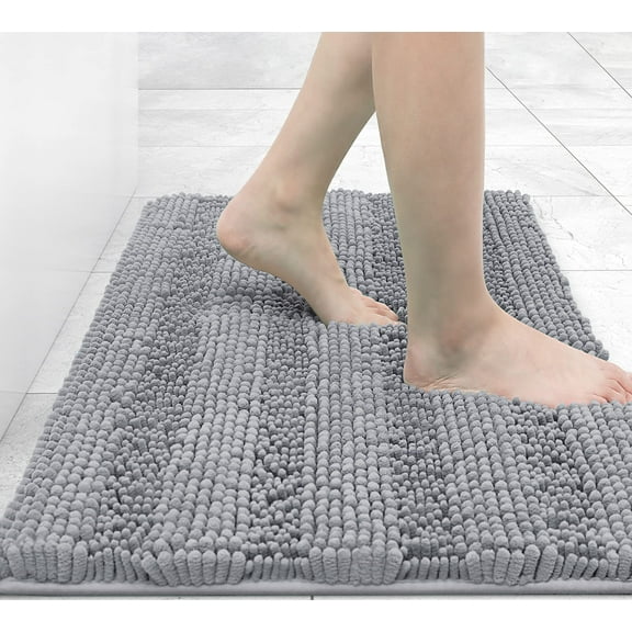 Buganda Chenille Striped Bathroom Rugs, Extra Soft and Absorbent Bath Mats, Anti-Slip Shaggy Bath Carpets, 16x24, Light Grey