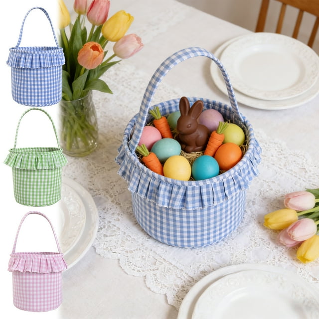 Sentmoon Boy Easter Basket Stuffers Easter Decorations for Home Easter Plaid Fabric Polyester Basket Festive Party Decoration Storage Candy Gift Basket