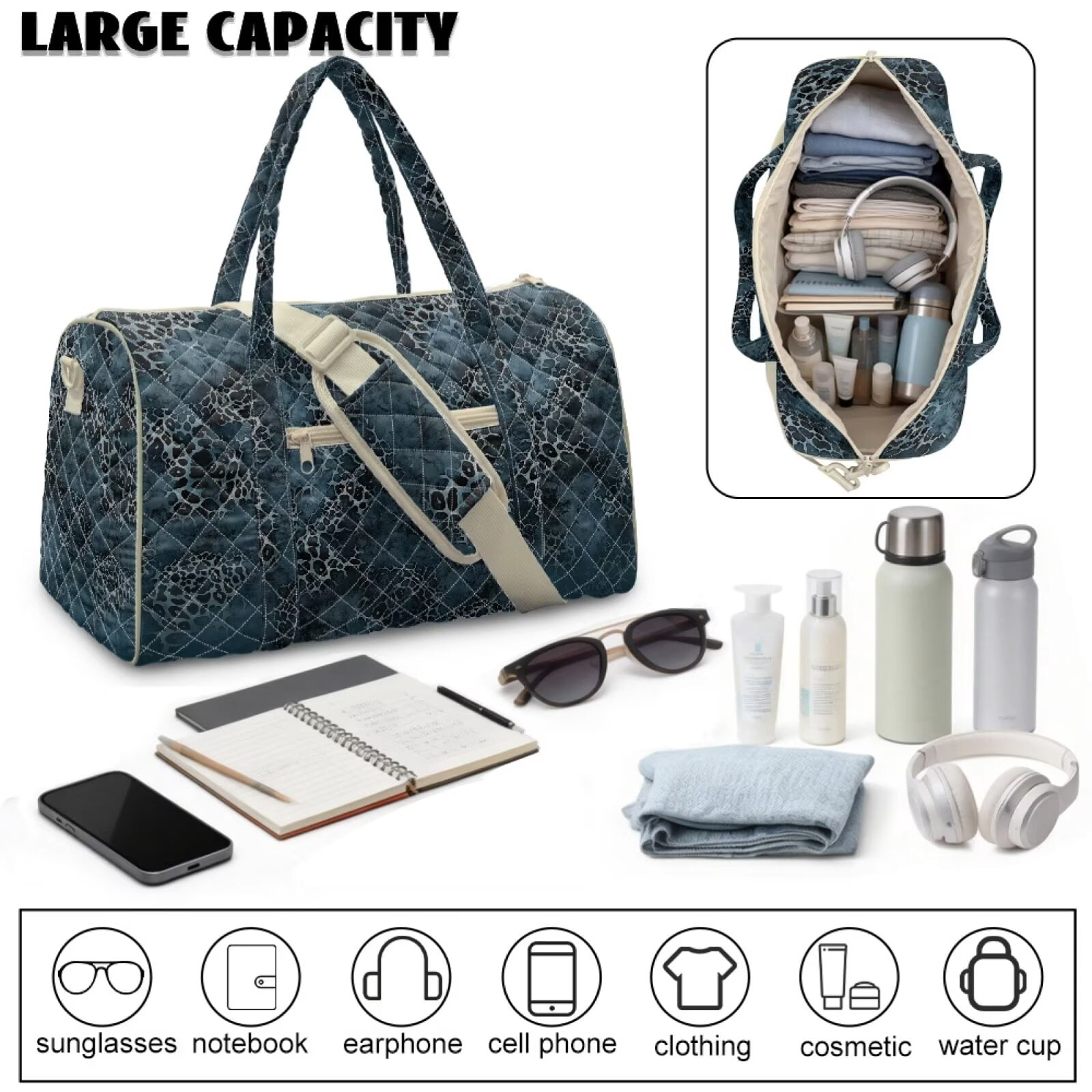 Chririnla Travel Bag Duffle Bag Gym Portable Weekender Overnight Bags with Separate Compartment for Flight, Blue Snake Skin Print