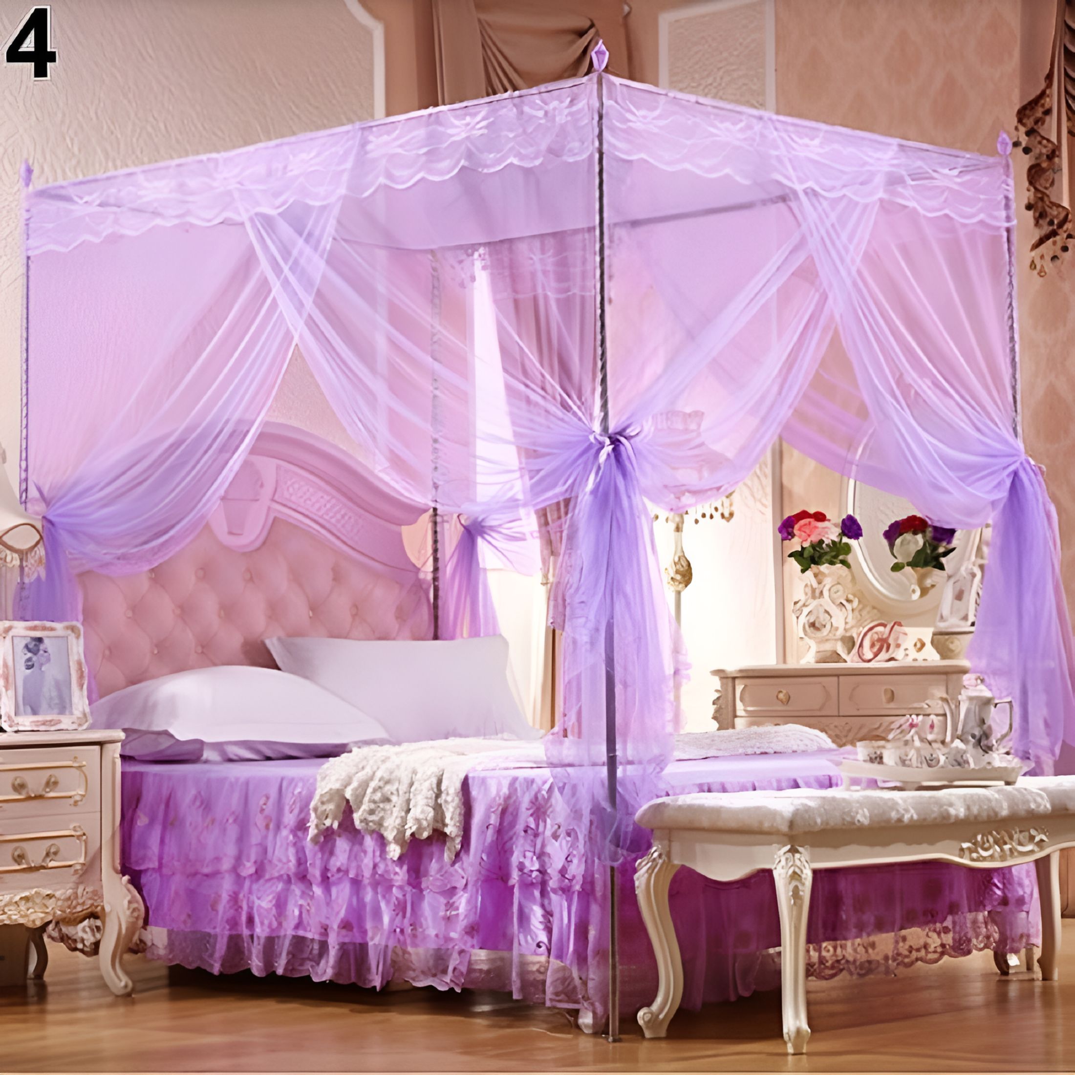 LAMIRO 4 Corners Post Pink Canopy Bed Curtain for Girls&Adults Cute Cozy Drape Square Netting 4 Opening Princess Bedroom Decoration (Queen Purple)