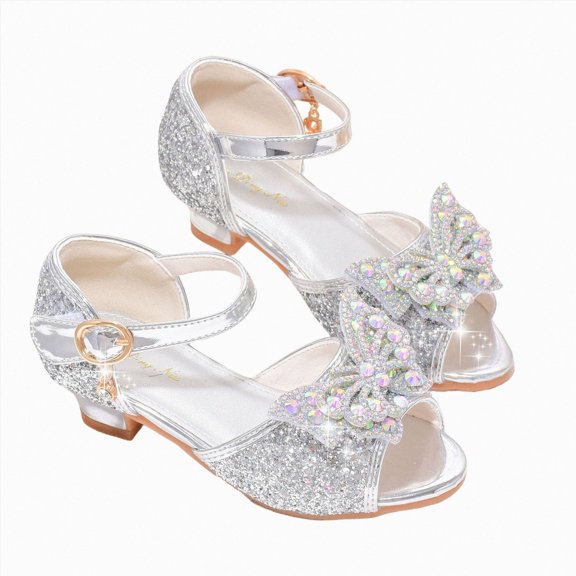 Ymyiu Heels for Kids Girls Girls Dress Shoes Princess Crystal High Heels Closed Toe Party Wedding Flower Girls Shoes Toddler Little Big Kid Size 4 (Silver,Big Kids 4)