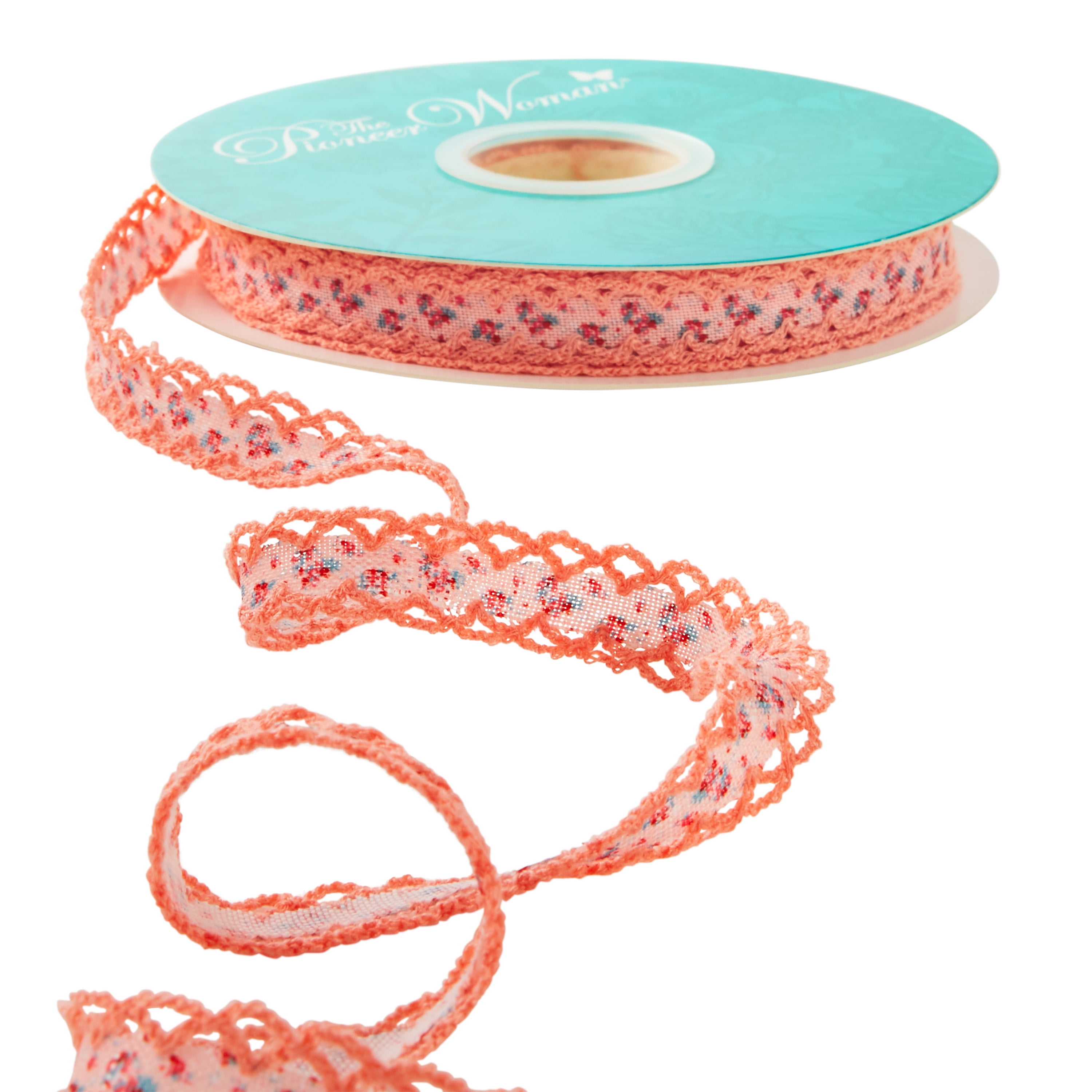 The Pioneer Woman Rose Ditsy Cotton Crochet Scalloped Edge Ribbon, 7/8\" x 20 Yards