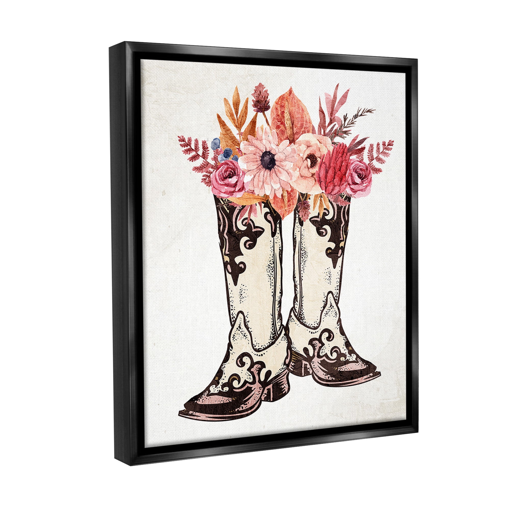 Stupell Industries Rodeo Boot Bouquet Botanical & Floral Painting Black Floater Framed Canvas Art Print Wall Art, 17 x 21
