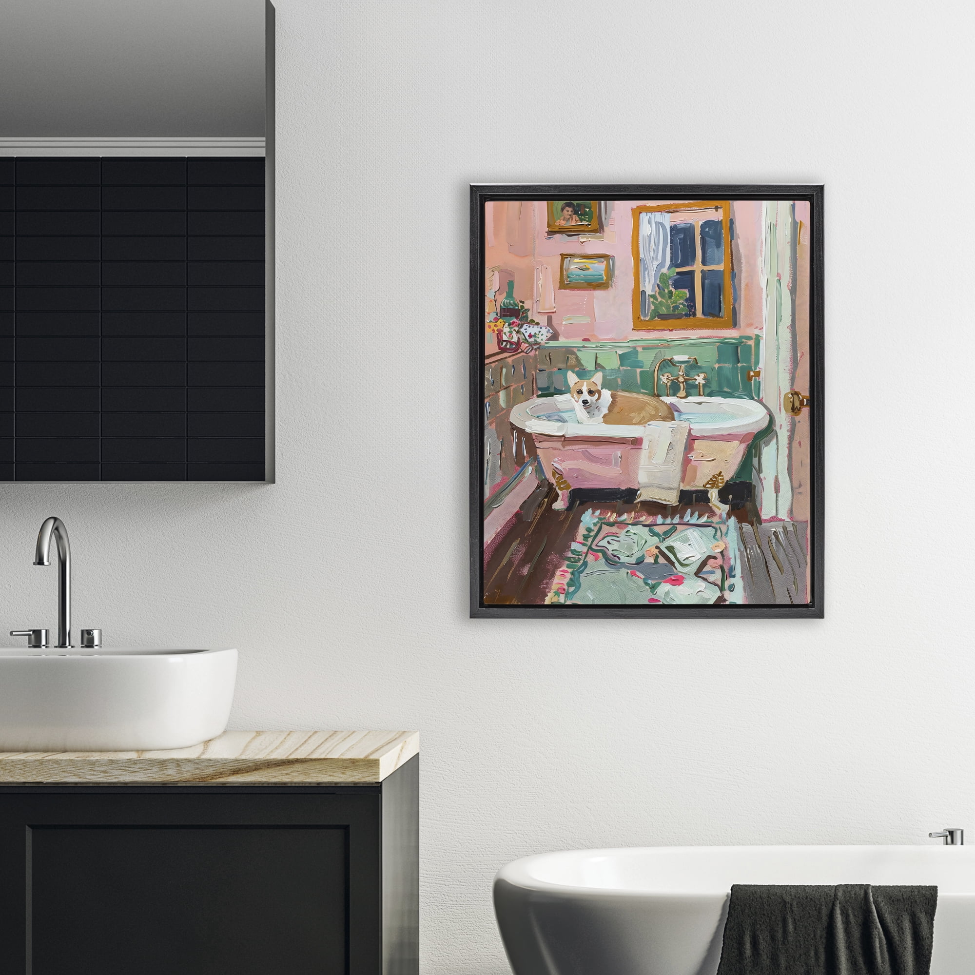 Stupell Industries Corgi in Pastel Tub Black Framed Floater Canvas Wall Art, design by The Prints Vibe