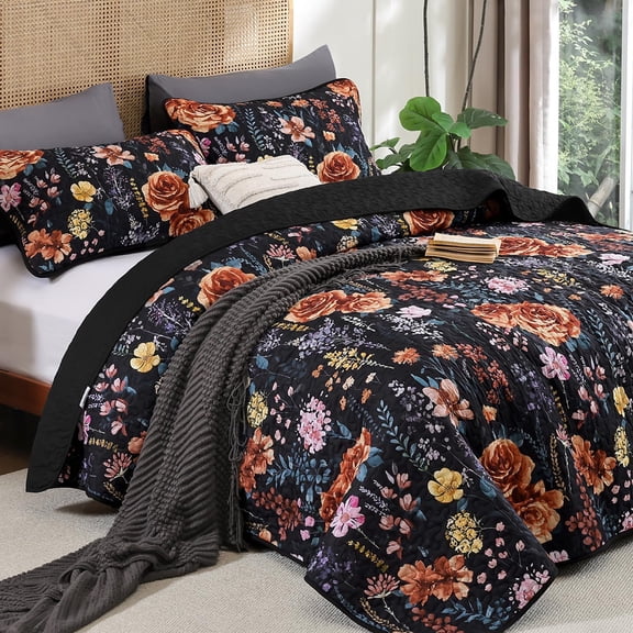 Black Quilt Set Queen Size 3 Piece Floral Bedding Coverlet with Pillowcases Soft Microfiber All Season