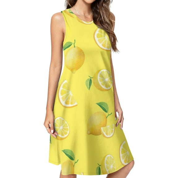 Lemons on Yellow Spring Summer Dresses for Women Fashion T-shirt Dress Casual Sleeveless Loose Sundress with Pockets