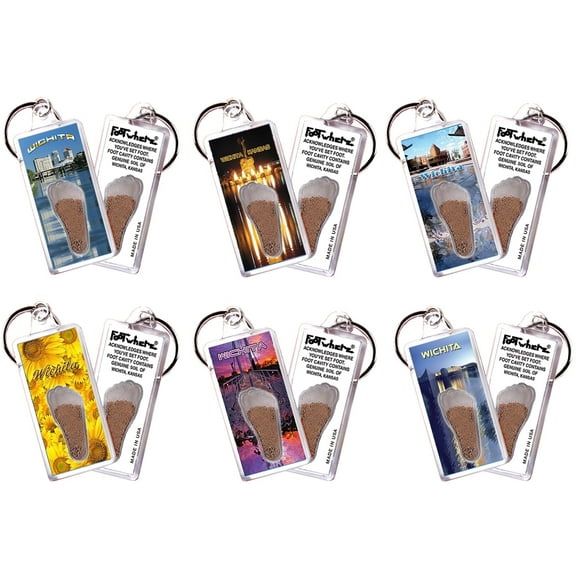 Wichita, KS FootWhere Souvenir Keychains. (WCT100 - Assorted) 6 Piece Set