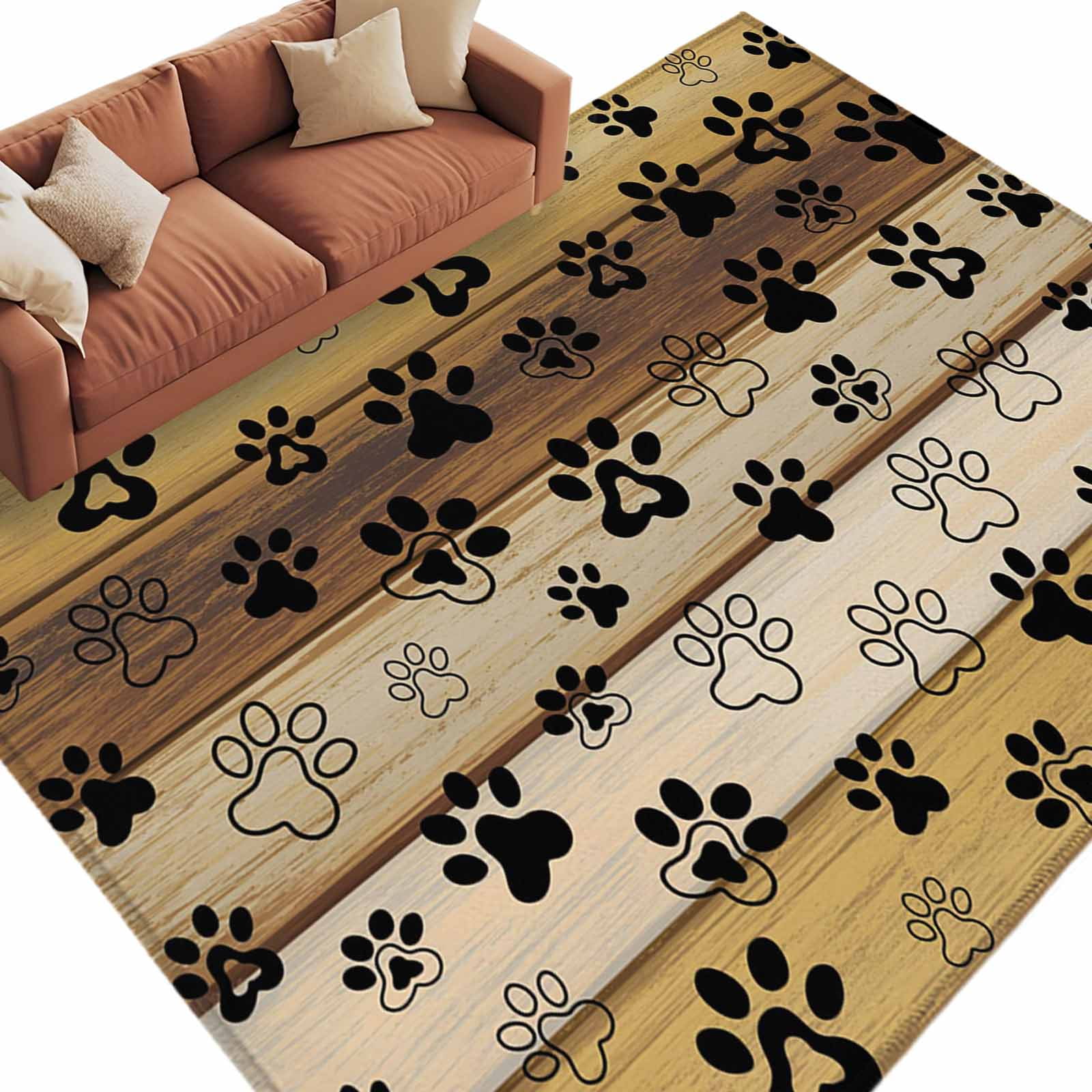 Area Rug for Living Room, Cute Dog Claws Non-Slip Indoor Large Carpet for Bedroom/Dining Room, Farmhouse Brown Wooden Grain Puppy Pawprints Washable Low-Profile Rectangle Floor Runner Rugs - 6 x 9 Ft