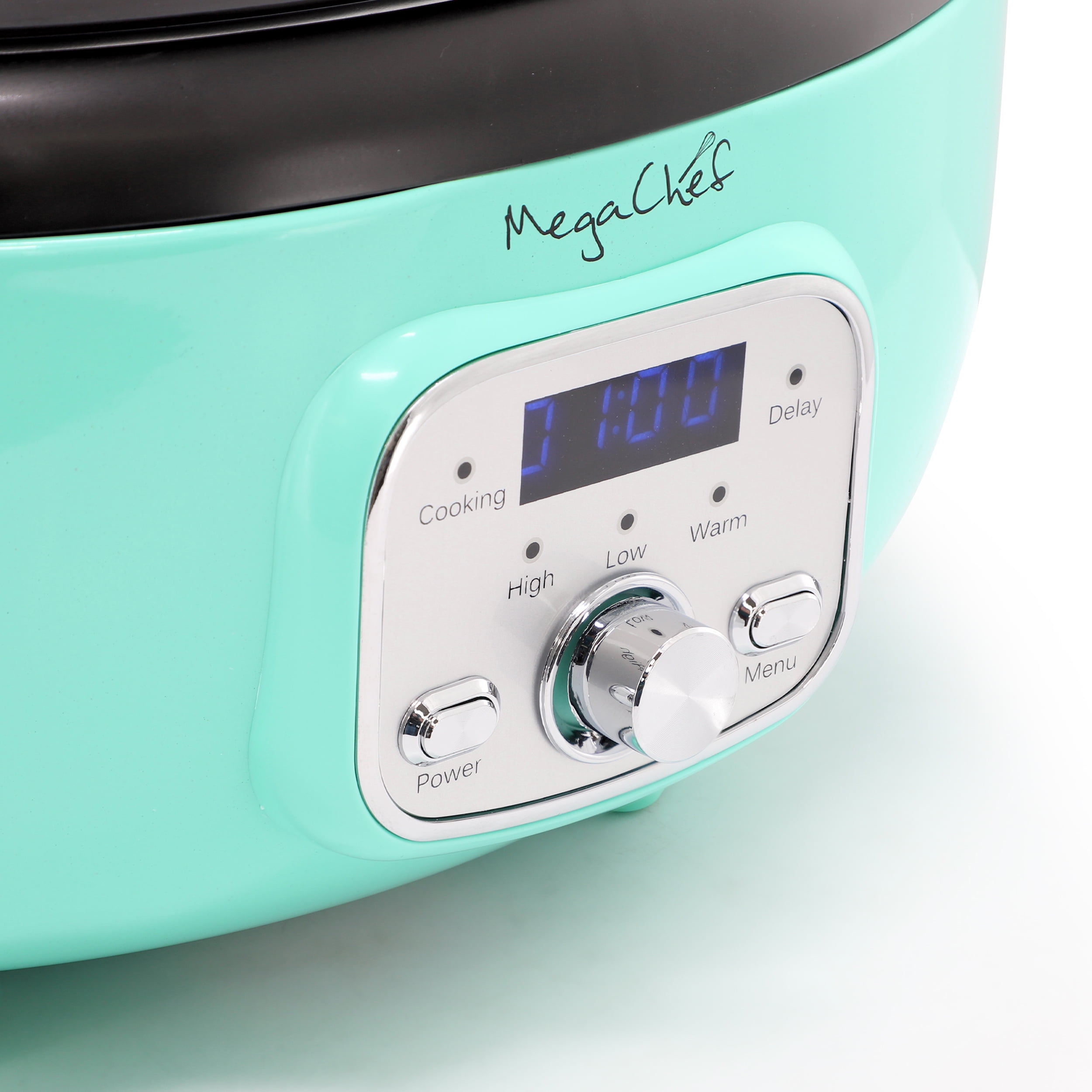 MegaChef 6.5 Quart Oval Electric Slow Cooker in Turquoise with Black Pot