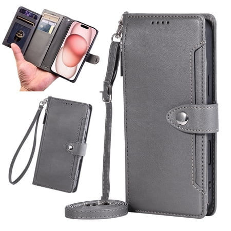 For iPhone 15 Wallet Case, PU Leather Flip Cover [RFID Blocking] Credit Card Holder Kickstand, Crossbody Lanyard & Wrist Strap, All-in-One Phone Wallet Case for Women Men,Gray