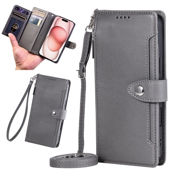 Crossbody Wallet Case For Google Pixel 10A, Multi-functional PU Leather Flip Cover with RFID Blocking Card Slots & ID Window, Wrist Lanyard, Handbag Style Protective Phone Case,Gray
