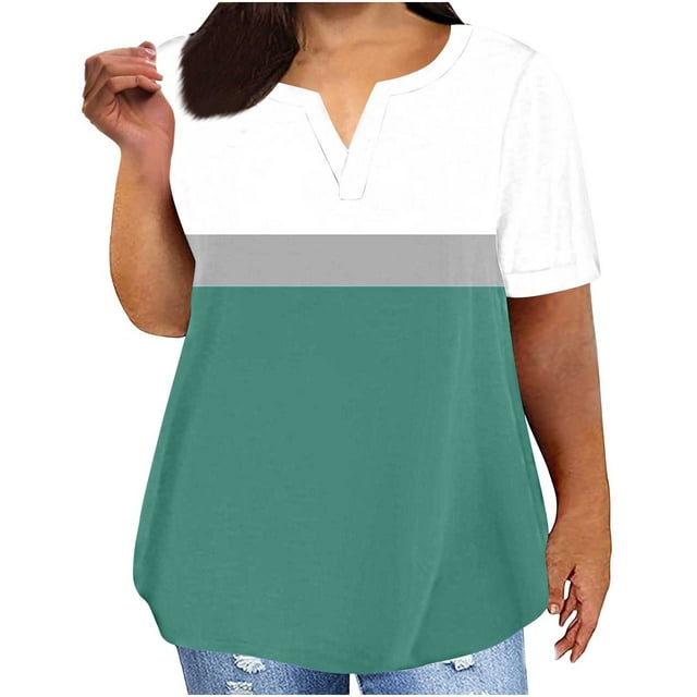 V-Neck Short Sleeve Blouse for Women, Loose Fit Casual Polyester Top with Color-Block Design, Regular Length, Hand Wash Cold