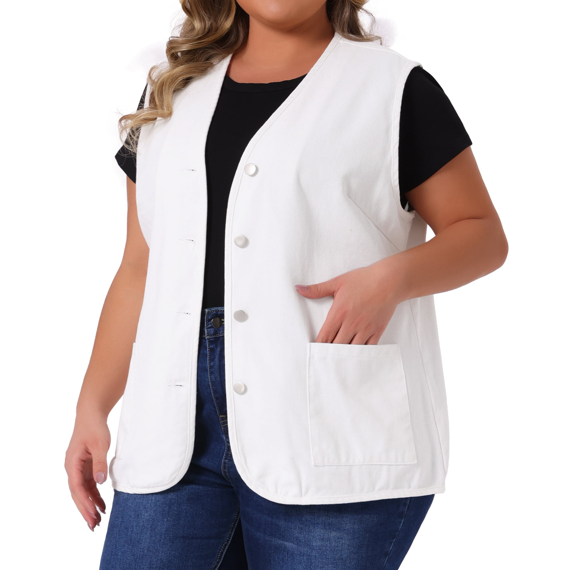 DARING DIVA Women's Plus Size Sleeveless Button Down Denim Waistcoat Vest 2X White