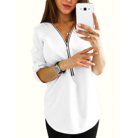 Plus Size Women V Neck Shirt Roll-Up Long Sleeve Casual Blouse Zip Tops Ladies Zipper Loose T-shirt Baggy Tee