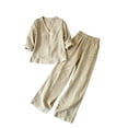 thumbnail image 4 of Linen Sets For Women 2 Piece Summer Long Sleeve V Neck Shirts Matching Wide Leg Lounge Pants Resort Beach Vacation Outfits/Beige/L, 4 of 4