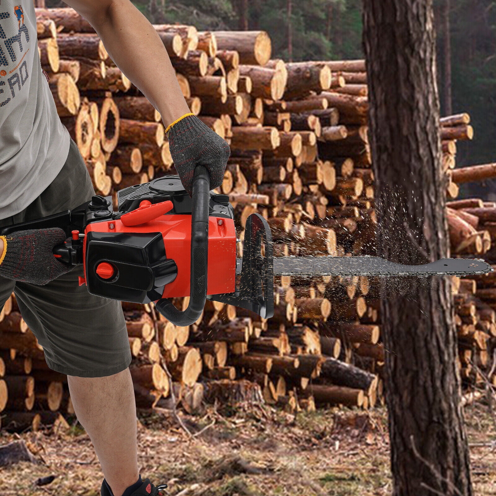 58cc Gas Chainsaw - 2.2Kw High-Power 2-Stroke Engine, 18" Cutting Bar for Wood Cutting/Forestry (Red/Black)