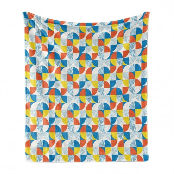 Geometric Soft Flannel Fleece Throw Blanket, Bauhaus Inspired Intersected Circular Shapes of Color Blocks and Dotted Lines, Cozy Plush for Indoor and Outdoor Use, 50" x 70", Multicolor, by Ambesonne