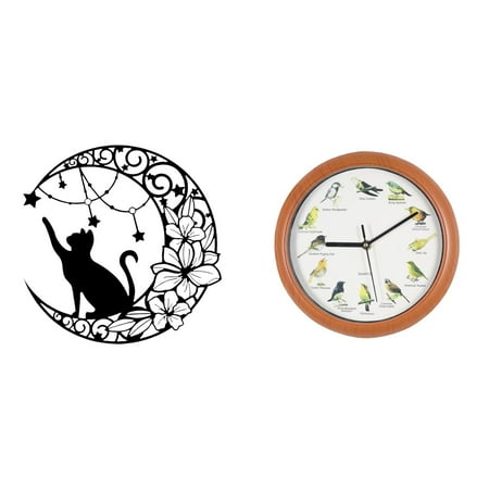 CarpNettore Metal Cat Wall Decor Singing Bird Wall Clock Black Cat Wall Art Metal Moon Decor Decorative Wall Clocks for Walls Kitchen Home Decor Gifts