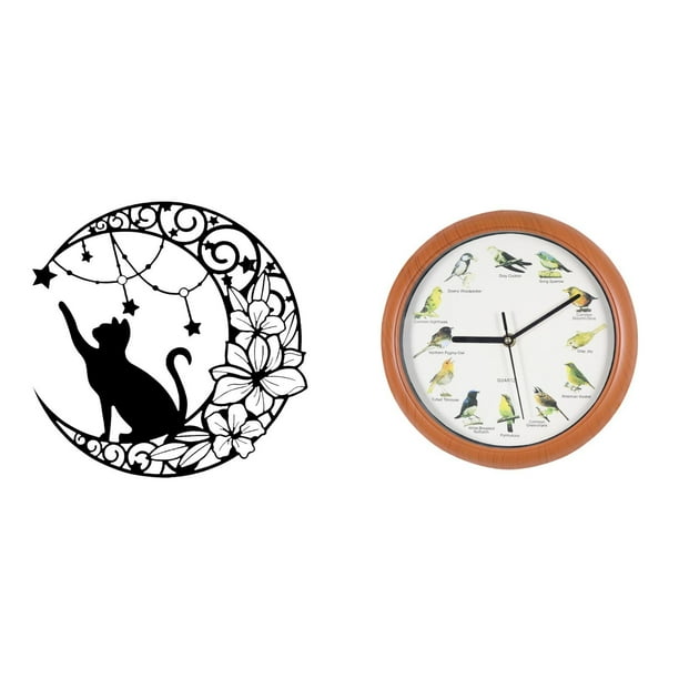 Arte de pared,Estatua decorativa de pared de gato negro de metal,Reloj de pared,Reloj de pared con pájaro cantor Relojes de pared con pájaros,Relojes de pájaros con sonido Reloj decorativo