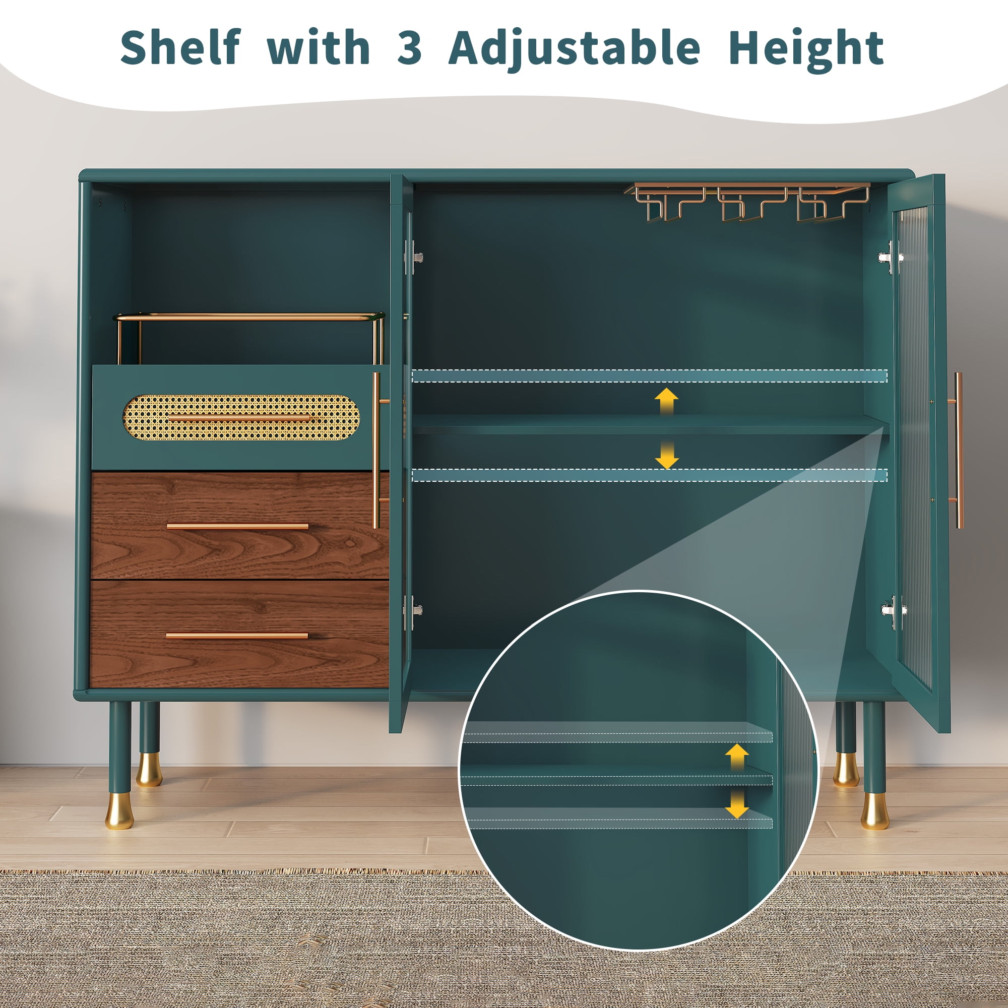HLR 47.2" Coffee Wine Bar Cabinet with 2 Glass Doors, Modern Buffet Sideboard Table for Dining Room, Green