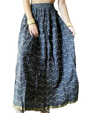 Mogul Women Maxi Skirt, Black Printed A-Line Cotton Crinkle Summer Beach Skirts S/M