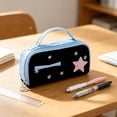 thumbnail image 6 of Large Capacity Pencil Case,Cute Plaid Star Embroidery Decor Portable Pencil Pouch for Home Office Workplace,Black, 6 of 9