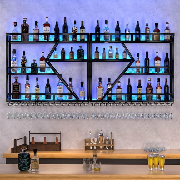 Pikysailed 59in Modern Wall Mounted Wine Rack w/ LED Light, Metal Bar Shelves Wall Mounted w/ Glass Holder, Large Liquor Shelf for Kitchen & Dining Room