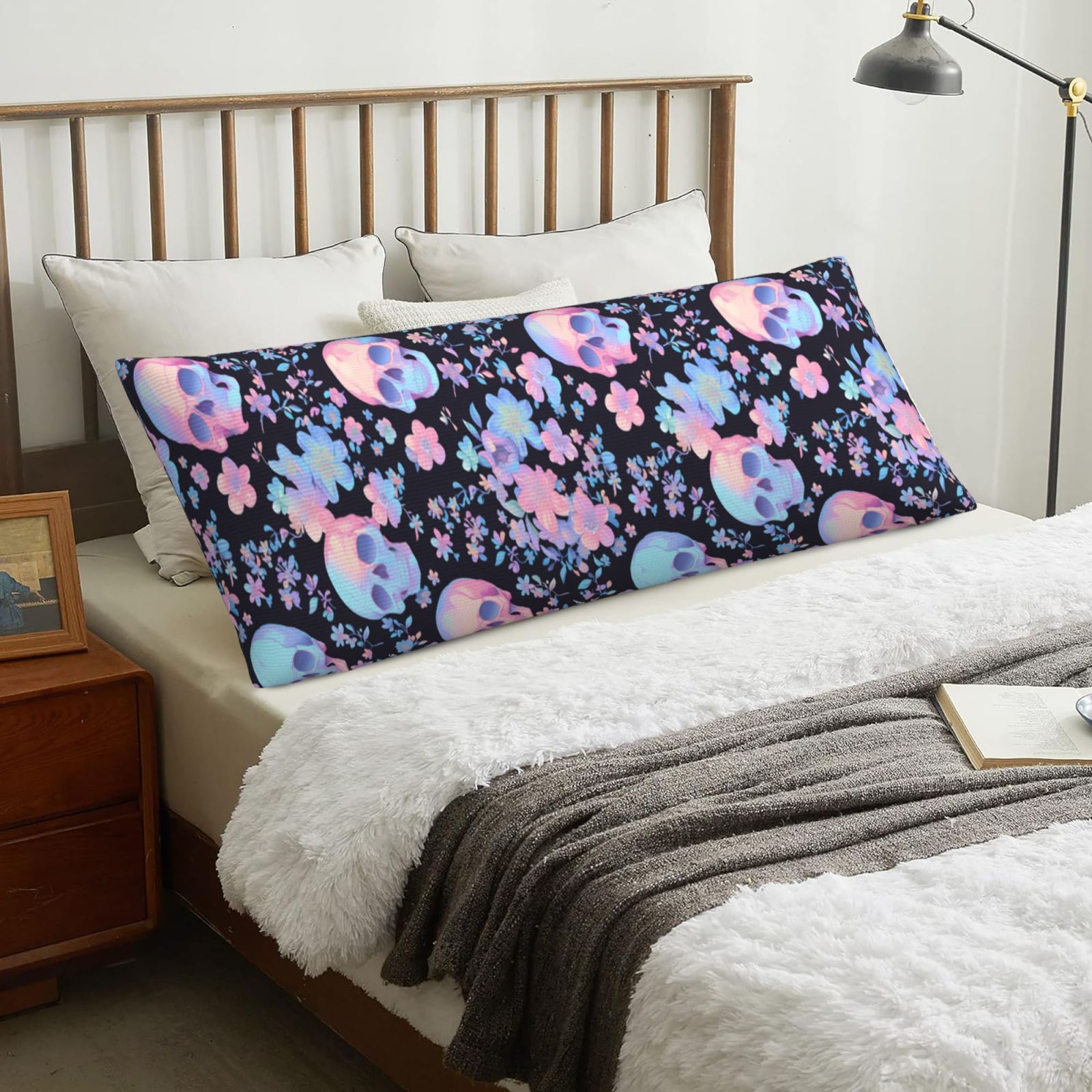 Naloa cool Skull flower Super Soft 20x60 Body Pillow Case,Long Side Hidden Zipper（PILLOWS ARE NOT INCLUDED）