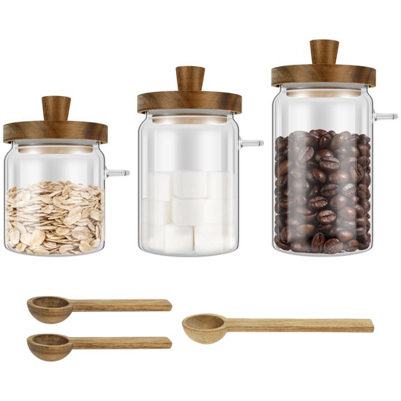 Grusce 3PCS Glass Jars with Wooden Lids and Spoons Set, Clear Glass Coffee Grounds Containers, Kitchen Food Storage Canisters, 13oz/20oz/30oz for Coffee Beans, Tea, Nut Candy, Sugar, Bath Salts