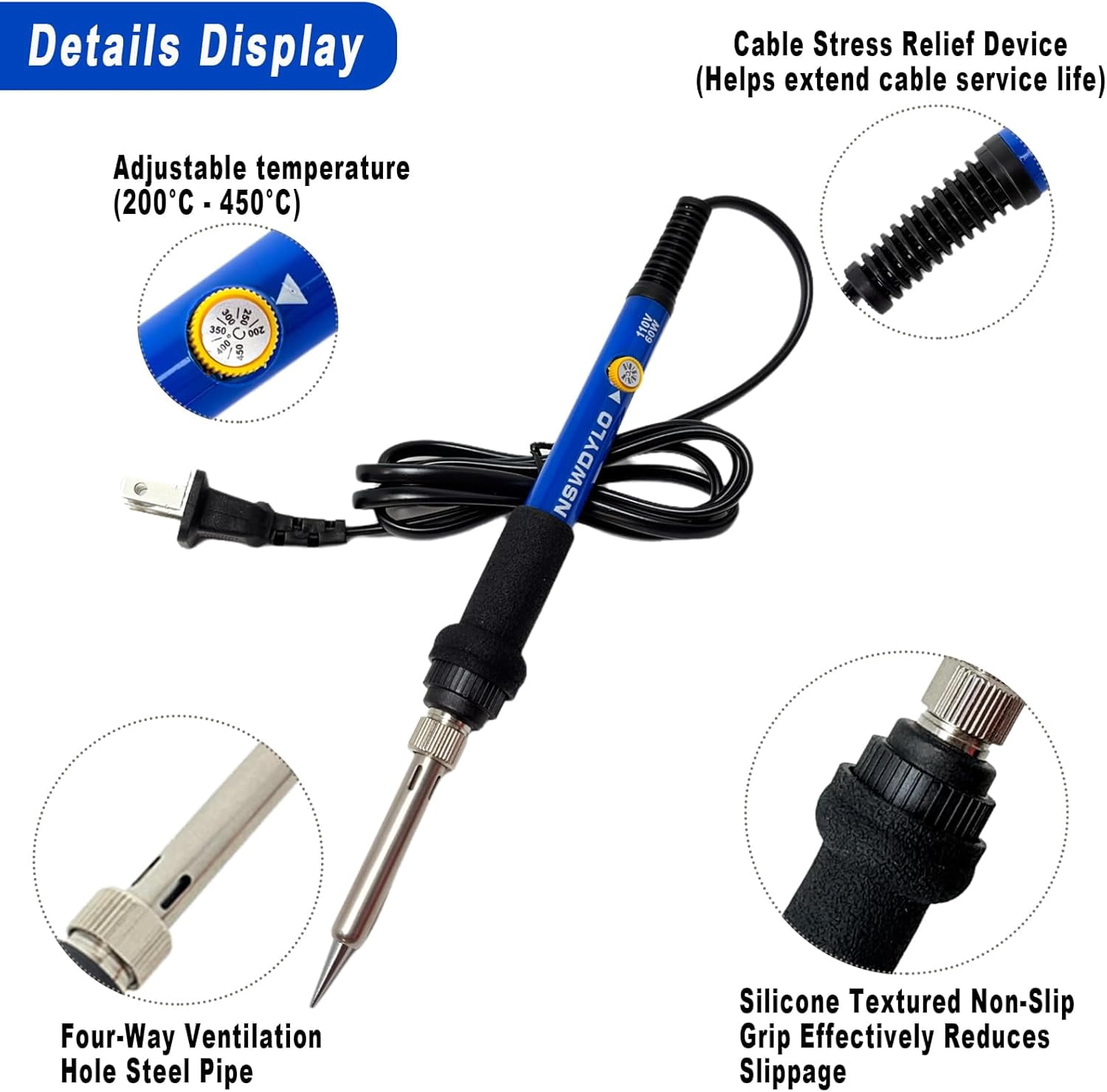 Soldering Iron, 60110 Soldering Iron Adjustable Temperature (200-450°), Portable Soldering Tool for Metal, Electronic Repair, Hobbies