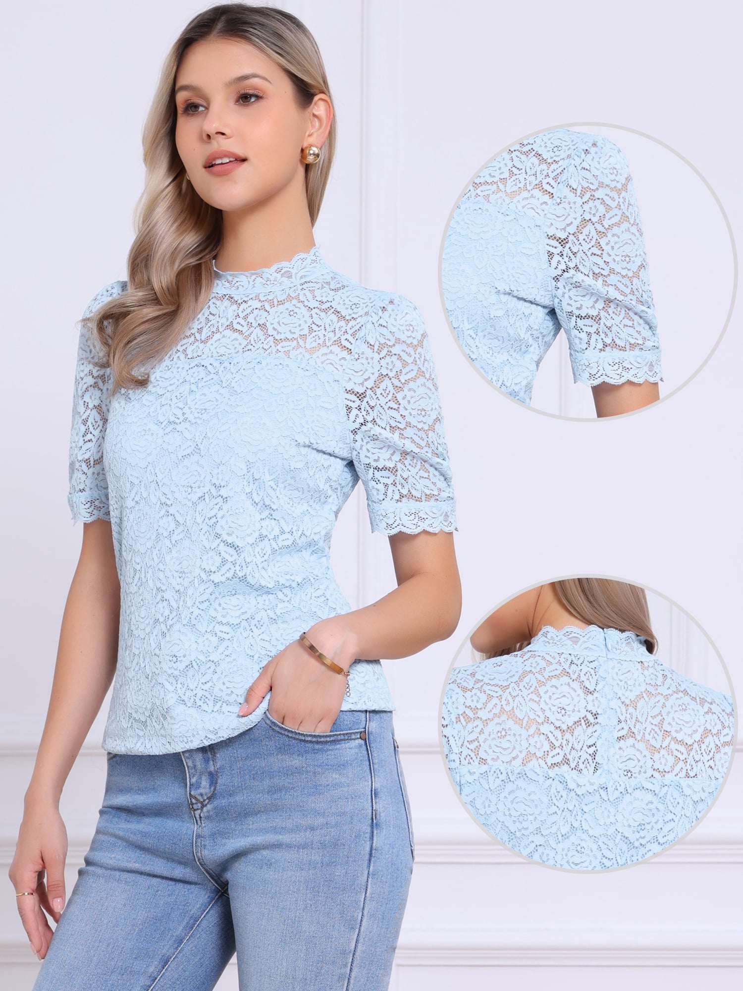 DARING DIVA Women's Lace Tops Mock Neck Puff Short Sleeve Floral Blouses XL Light Blue